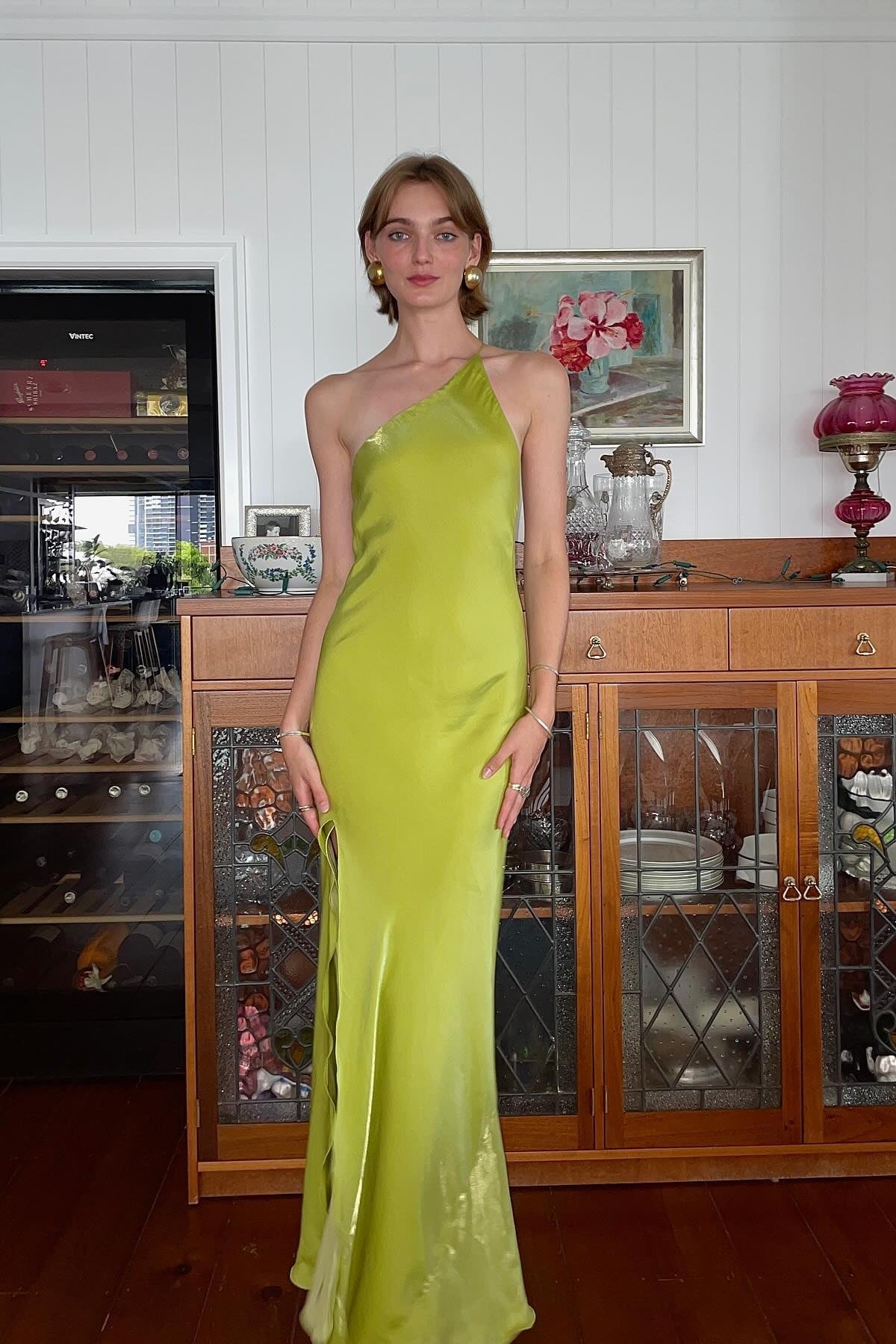Chic Sheath One Shoulder Light Green Long Party Dress with Split Front