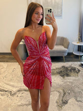 Load image into Gallery viewer, Bling Sheath Sweetheart Fuchsia Short Homecoming Dress with Beading Slit