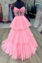 Load image into Gallery viewer, Charming A Line Spaghetti Straps Pink Corset Prom Dress with Appliques