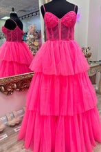 Load image into Gallery viewer, Charming A Line Spaghetti Straps Pink Corset Prom Dress with Appliques