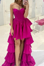 Load image into Gallery viewer, Stylish High Low Sweetheart Fuchsia Prom Dress with Ruffles