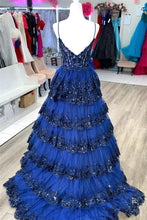 Load image into Gallery viewer, Gorgeous A Line Spaghetti Straps Navy Corset Prom Dress with Ruffles