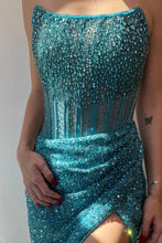Load image into Gallery viewer, Sparkly Luxurious Mermaid Strapless Long Prom Dress with Beading And Slit