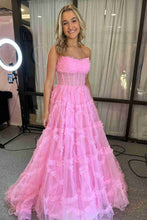 Load image into Gallery viewer, Stunning A Line Strapless Fuchsia Corset Prom Dress with Sweep Train
