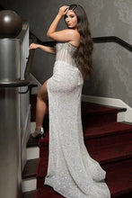 Load image into Gallery viewer, Sparkly Luxurious Mermaid Strapless Long Prom Dress with Beading And Slit