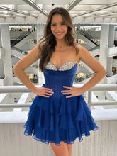 Load image into Gallery viewer, Cute A Line Sweetheart Navy Corset Homecoming Dress with Beading