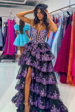 Load image into Gallery viewer, Luxurious A Line Spaghetti Straps Black Corset Prom Dress with Ruffles