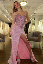 Load image into Gallery viewer, Gorgeous Mermaid Pink Strapless Long Glitter Beaded Prom Dress with Slit