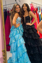 Load image into Gallery viewer, Luxurious A Line Spaghetti Straps Black Corset Prom Dress with Ruffles