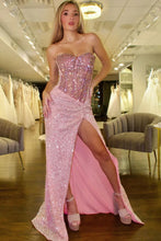 Load image into Gallery viewer, Gorgeous Mermaid Pink Strapless Long Glitter Beaded Prom Dress with Slit