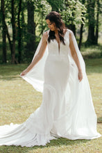 Load image into Gallery viewer, Classic Mermaid Deep V Neck White Long Wedding Dress with Cape
