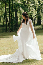 Load image into Gallery viewer, Classic Mermaid Deep V Neck White Long Wedding Dress with Cape