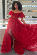 Load image into Gallery viewer, Charming A Line Off the Shoulder Red Corset Prom Dress with Ruffles