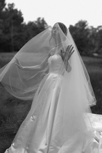 Load image into Gallery viewer, Simple A Line Strapless White Satin Wedding Dress with Sweep Train