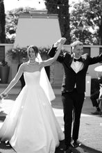 Load image into Gallery viewer, Simple A Line Strapless White Satin Wedding Dress with Sweep Train