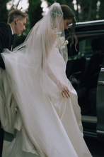 Load image into Gallery viewer, Simple A Line Strapless White Satin Wedding Dress with Sweep Train