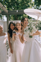 Load image into Gallery viewer, Simple A Line Strapless White Satin Wedding Dress with Sweep Train