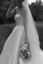 Load image into Gallery viewer, Simple A Line Strapless White Satin Wedding Dress with Sweep Train