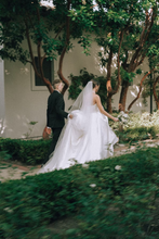 Load image into Gallery viewer, Simple A Line Strapless White Satin Wedding Dress with Sweep Train