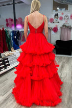 Load image into Gallery viewer, Gorgeous A Line Spaghetti Straos Red Long Prom Dress with Ruffles