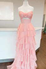 Load image into Gallery viewer, Sweety A-Line Sweetheart Pink Printed Long Tiered Prom Dress with Slit