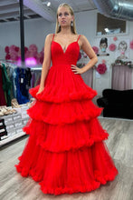 Load image into Gallery viewer, Gorgeous A Line Spaghetti Straos Red Long Prom Dress with Ruffles