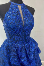 Load image into Gallery viewer, Gorgeous A Line Halter Neck Royal Blue Corset Prom Dress with Lace Ruffles
