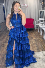 Load image into Gallery viewer, Gorgeous A Line Halter Neck Royal Blue Corset Prom Dress with Lace Ruffles