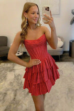 Load image into Gallery viewer, Sparkly A Line Strapless Orange Corset Homecoming Dress with Beading
