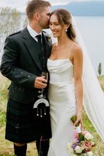 Load image into Gallery viewer, Simple Mermaid Spaghetti Straps White Satin Long Bridal Dress with Sweep Train
