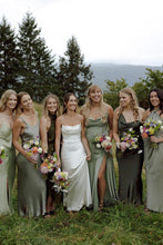 Load image into Gallery viewer, Simple Mermaid Spaghetti Straps White Satin Long Bridal Dress with Sweep Train
