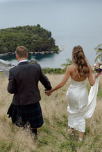 Load image into Gallery viewer, Simple Mermaid Spaghetti Straps White Satin Long Bridal Dress with Sweep Train