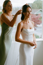 Load image into Gallery viewer, Simple Mermaid Spaghetti Straps White Satin Long Bridal Dress with Sweep Train