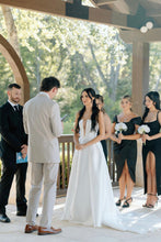 Load image into Gallery viewer, Charming A Line Deep V Neck White Satin Long Bridal Dress with Slit