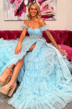 Load image into Gallery viewer, Trendy A Line Off the Shoulder Light Blue Corset Prom Dress with Split Front