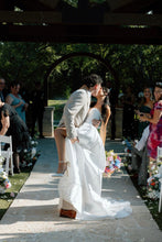 Load image into Gallery viewer, Charming A Line Deep V Neck White Satin Long Bridal Dress with Slit