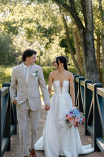 Load image into Gallery viewer, Charming A Line Deep V Neck White Satin Long Bridal Dress with Slit