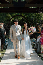 Load image into Gallery viewer, Charming A Line Deep V Neck White Satin Long Bridal Dress with Slit