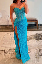 Load image into Gallery viewer, Sparkly Mermaid Sweetheart Gold Long Prom Dress with Beading