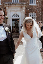 Load image into Gallery viewer, Simple Mermaid Deep V Neck White Satin Long Wedding Dress with Button Up