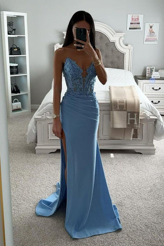 Blue Mermaid Strapless Lace Top Long Satin Prom Dress With Slit
