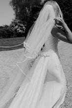 Load image into Gallery viewer, Simple Mermaid Deep V Neck White Satin Long Wedding Dress with Button Up