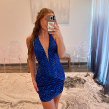 Load image into Gallery viewer, Bling Sheath Deep V Neck Royal Blue Sequins Short Homecoming Dress with Open Back