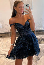 Load image into Gallery viewer, A Line Fchsia Homecoming Dress Seeing Sparkles Off the Shoulder Graduation Dress with Ruffles