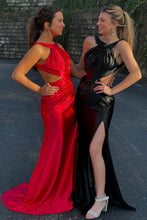Load image into Gallery viewer, New Mermaid Halter Neck Red/Black Long Prom Dress with Keyhole