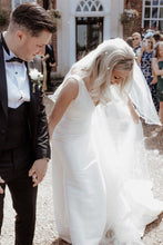 Load image into Gallery viewer, Simple Mermaid Deep V Neck White Satin Long Wedding Dress with Button Up