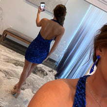 Load image into Gallery viewer, Bling Sheath Deep V Neck Royal Blue Sequins Short Homecoming Dress with Open Back