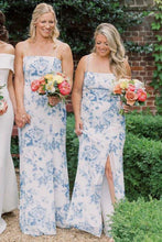 Load image into Gallery viewer, Gorgeous Spaghetti Straps Blue Floral Printed Long Bridesmaid Dress with Split Front