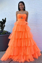 Load image into Gallery viewer, Stylish A Line Halter Neck Orange Long Prom Dress with Ruffles