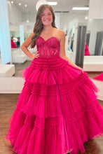 Load image into Gallery viewer, Princess A Line Sweetheart Fuchsia Corset Prom Dress with Appliques Ruffles